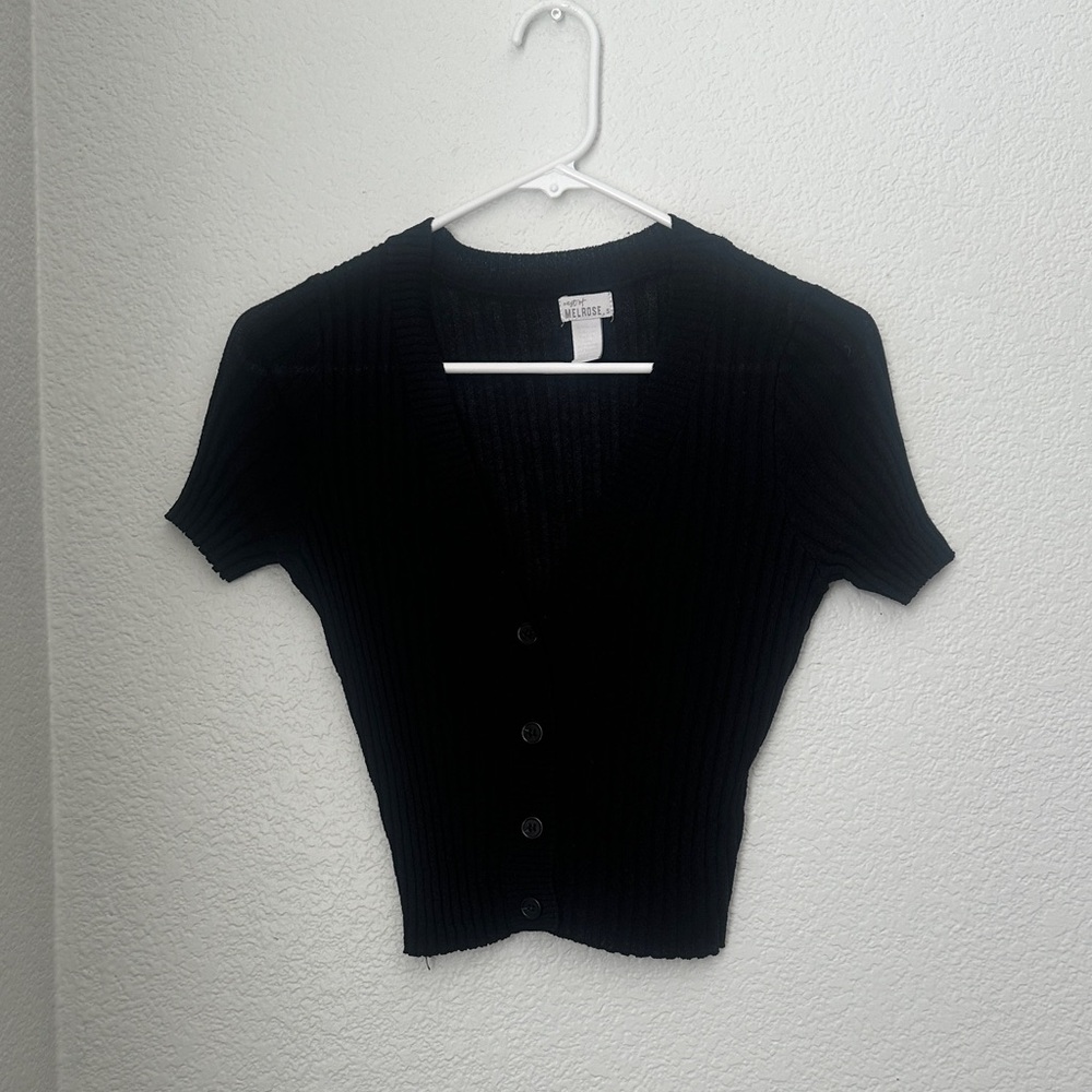 Black Ribbed Button-Up Cardigan Top
